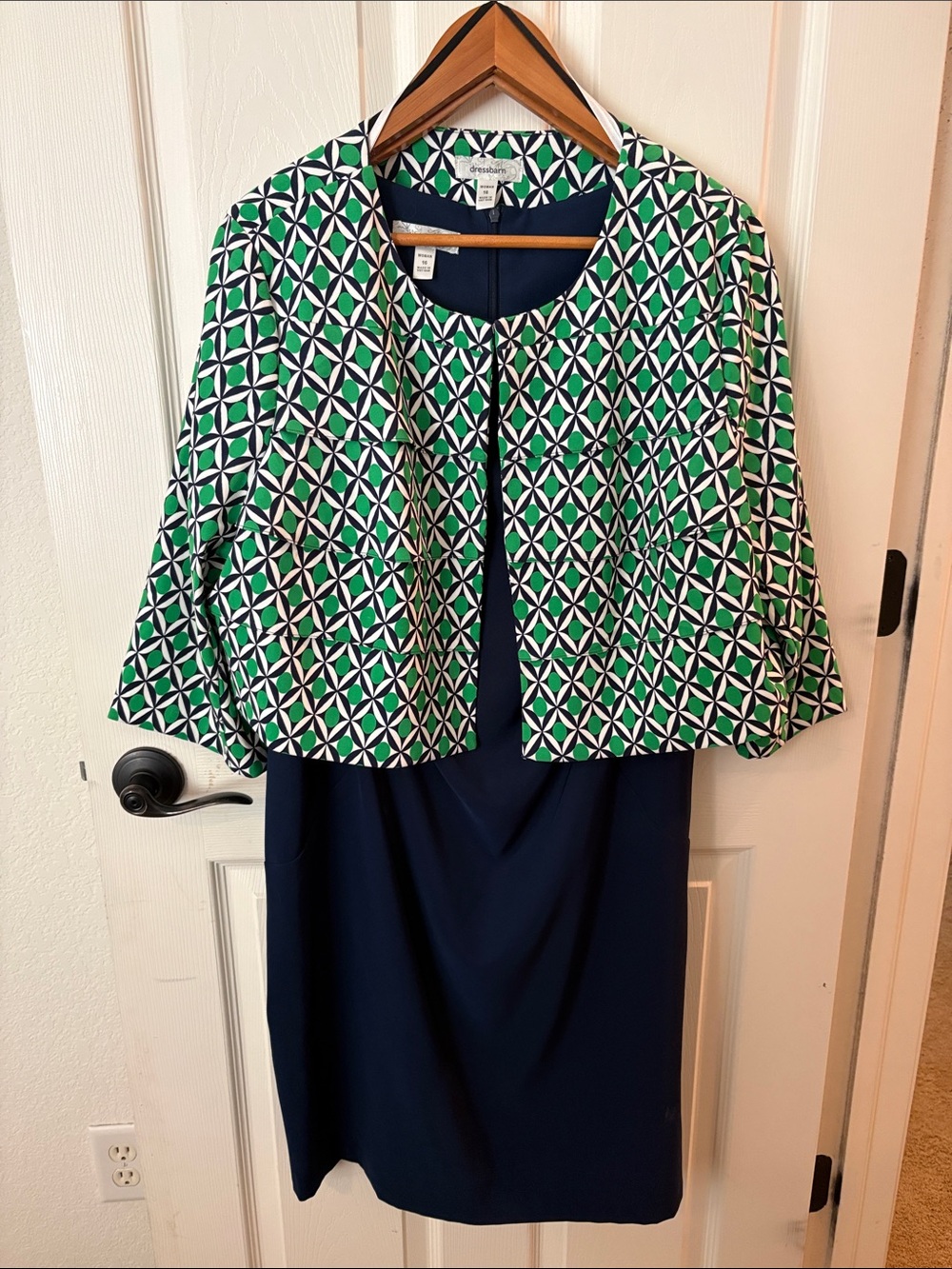 Dress Barn Navy Sheath Dress with Green & White Geometric Jacket